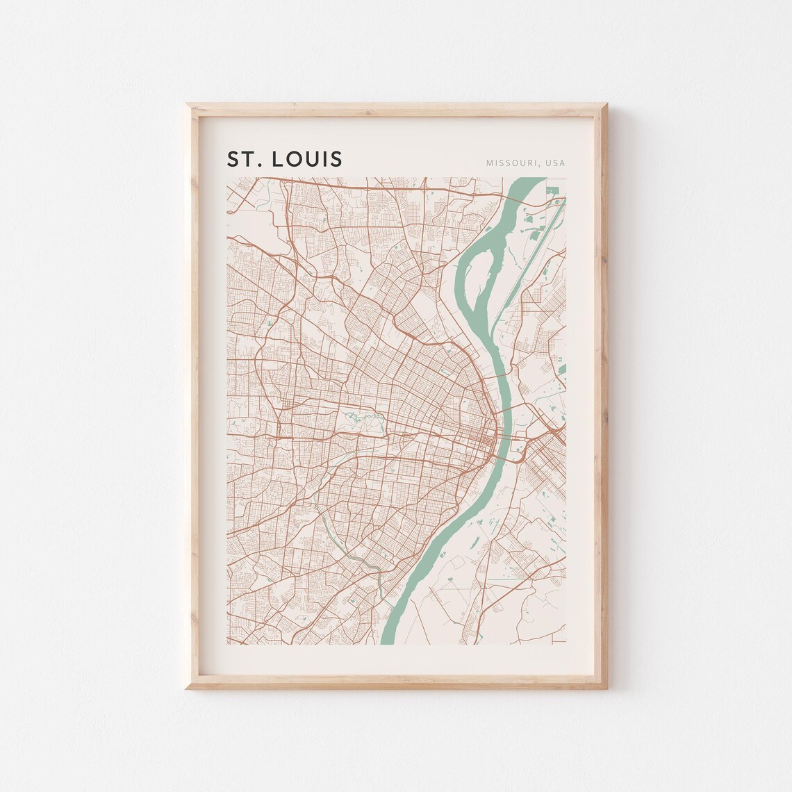 St. Louis Missouri Street Map Poster in Warm Brown Sage and Cream Tones