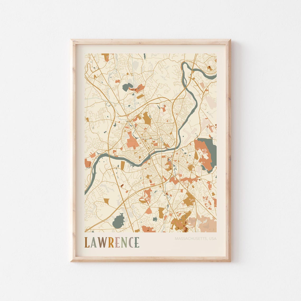 Lawrence Massachusetts Boho Terracotta City Street Map Poster