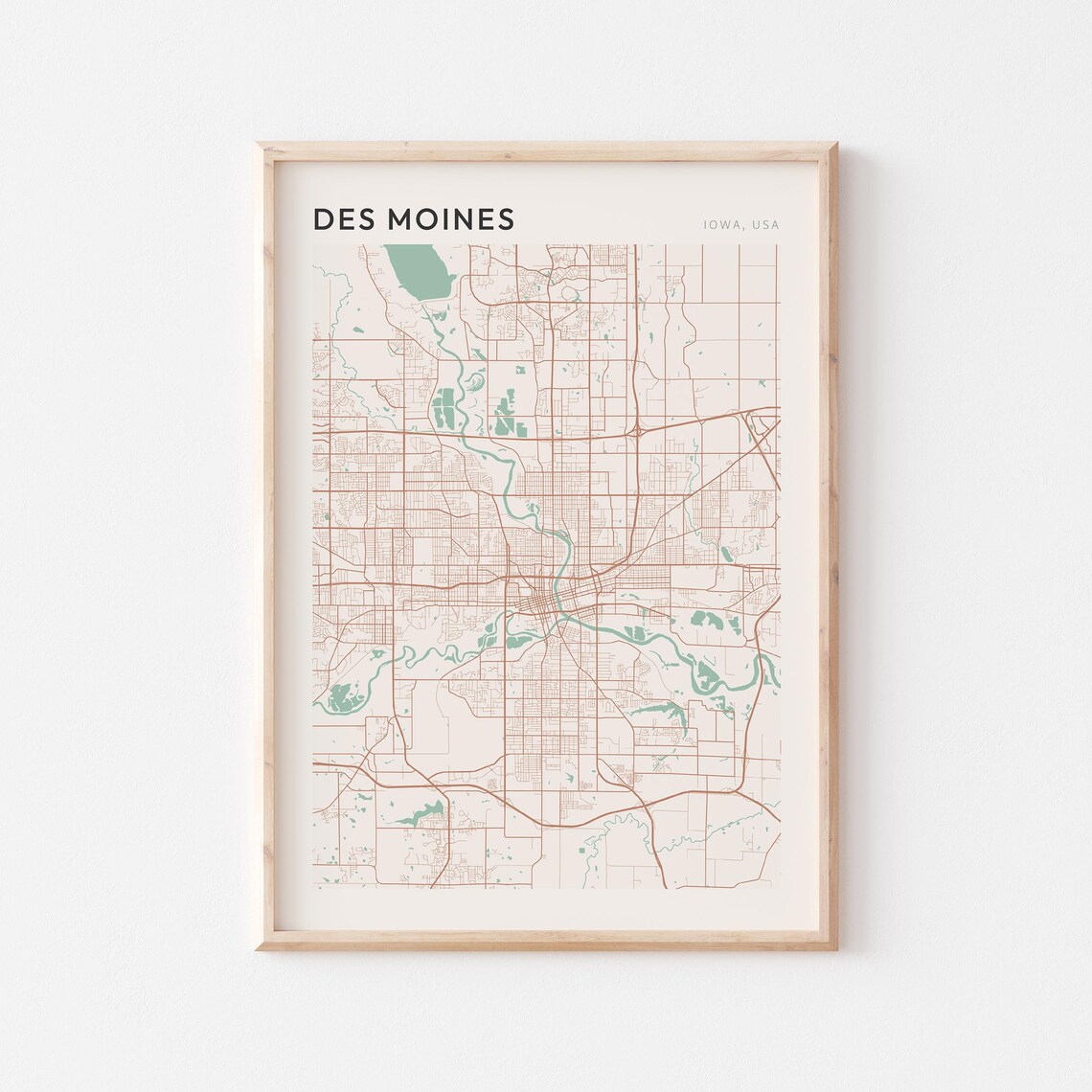 Des Moines Iowa City Map Poster Minimalist Line Art Modern Wall Decor Gift