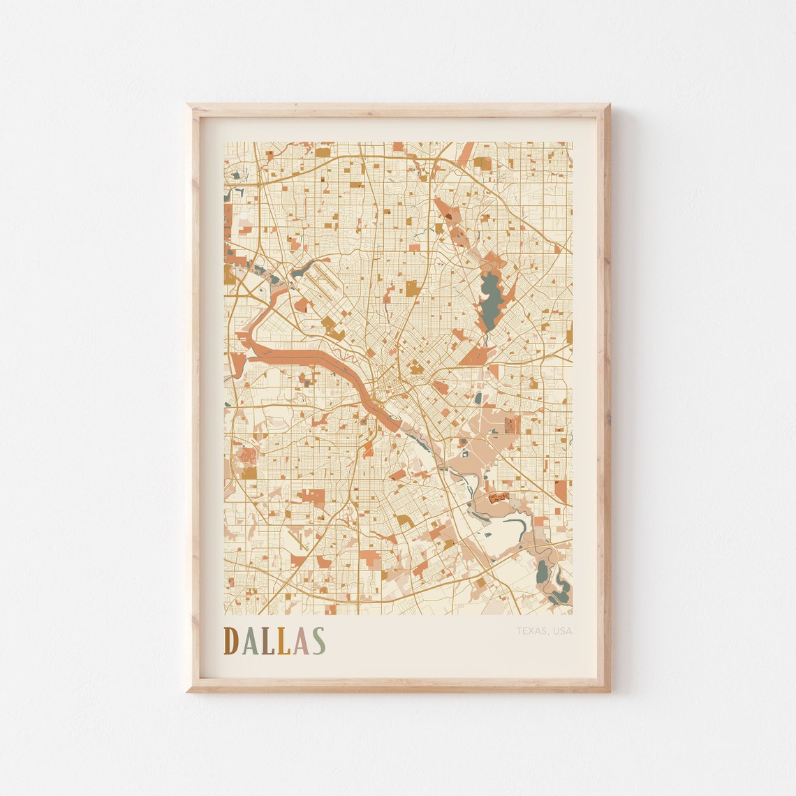 Dallas Texas Retro City Map Poster Downtown Street Grid Artwork