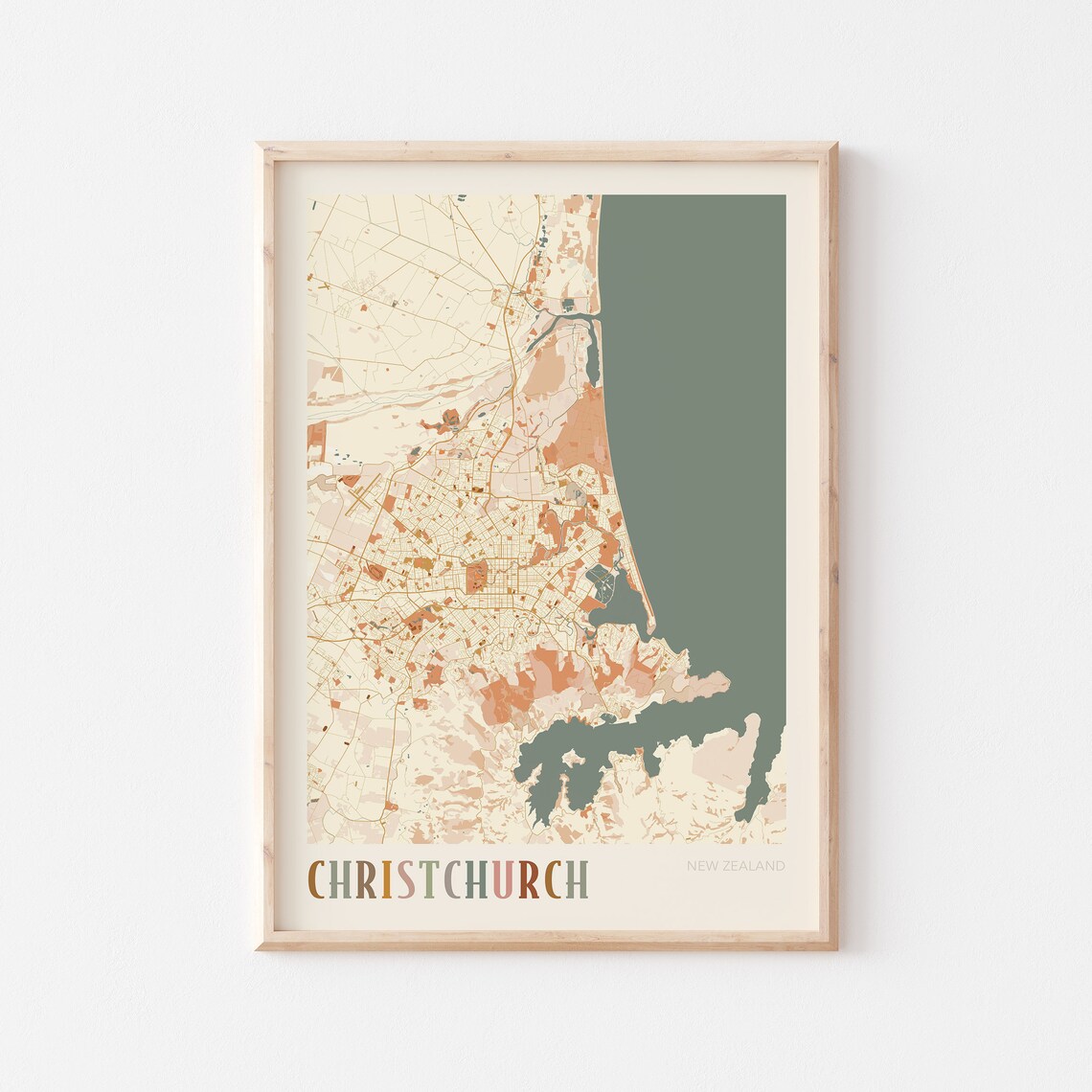 Christchurch New Zealand Boho Style Scenic Coastal City Map Poster