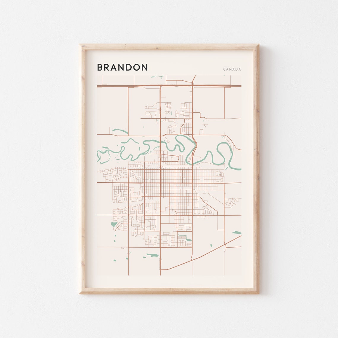 Brandon Manitoba Canada Modern Minimalist Riverside Map Poster
