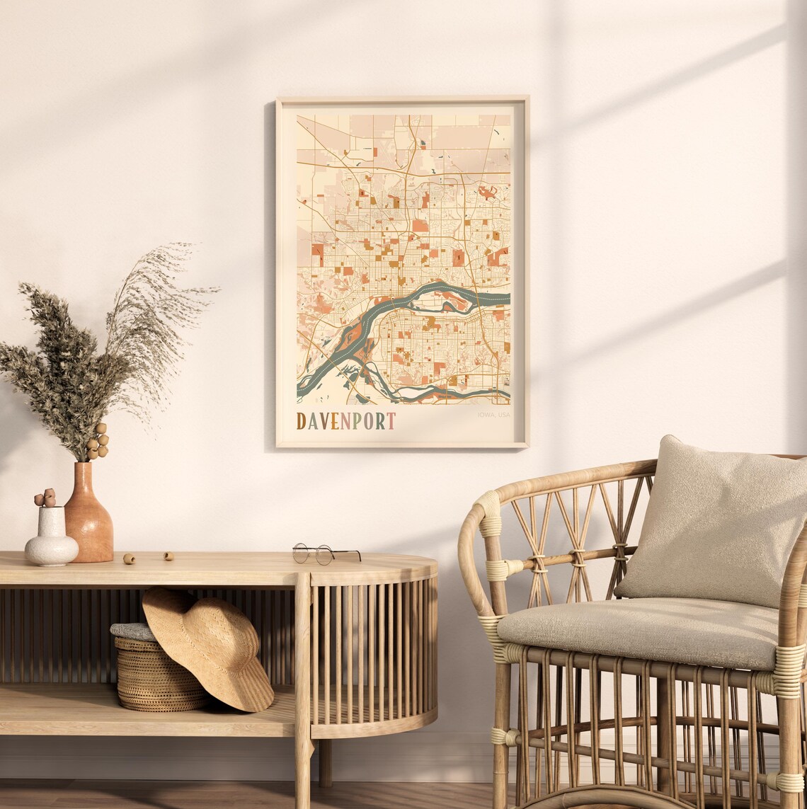 Davenport Iowa City Map Poster Earth Tone Boho Minimalist Map Wall Decor Gift - Image 2