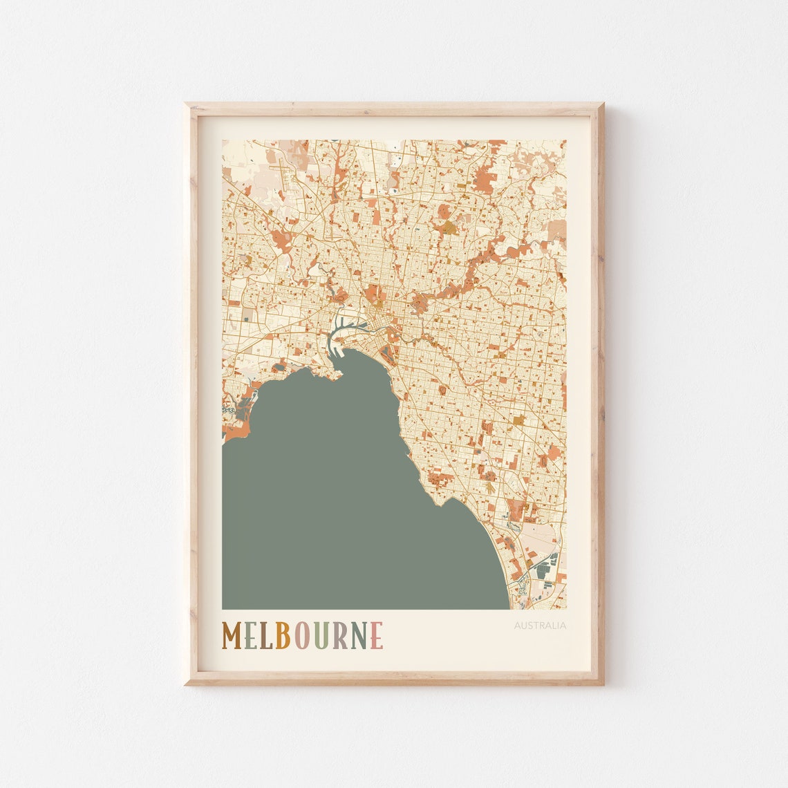 Melbourne Australia City Map Boho Cream Minimalist Wall Decor Poster