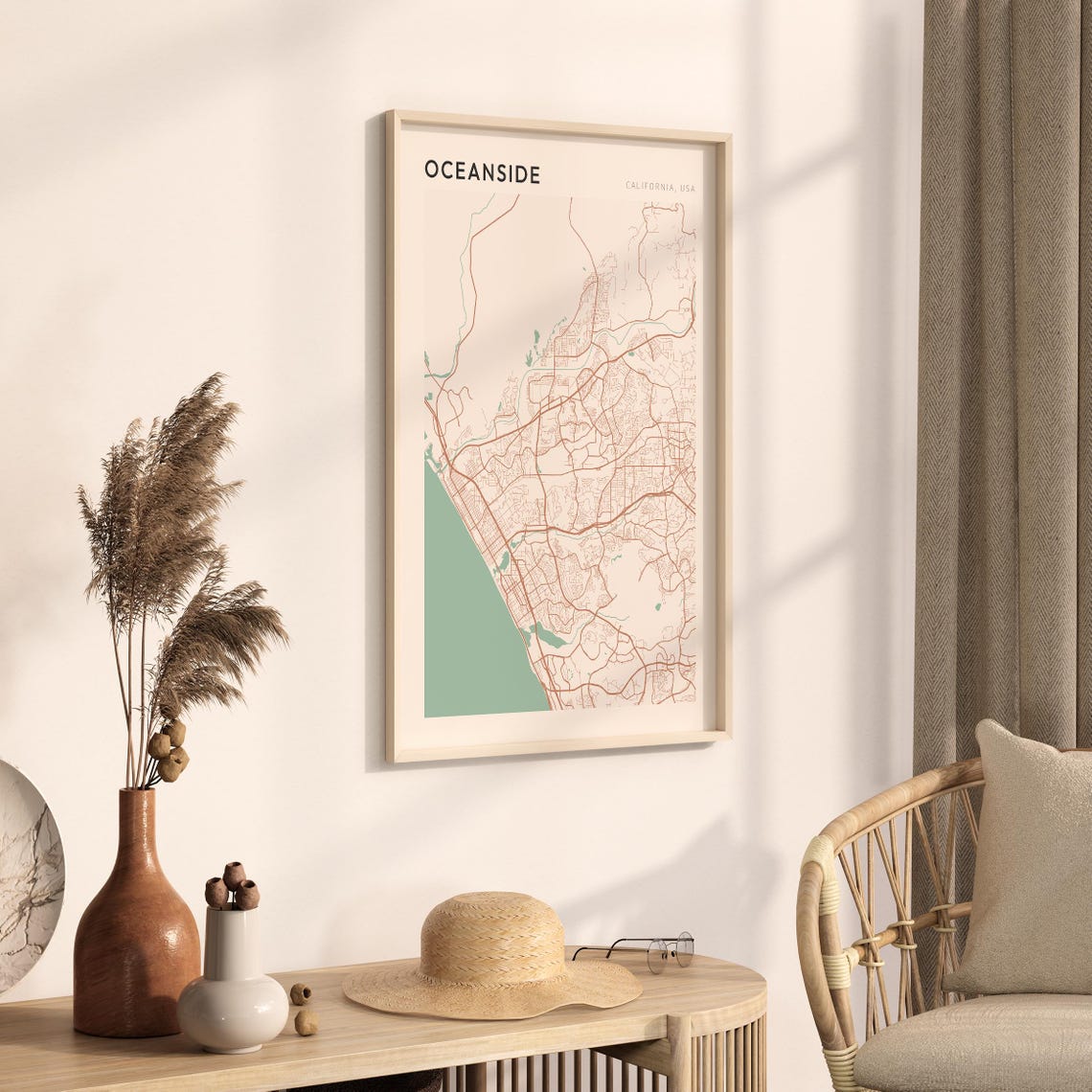 Oceanside California Minimalist Street Map Poster in Blush and Sage - Image 3