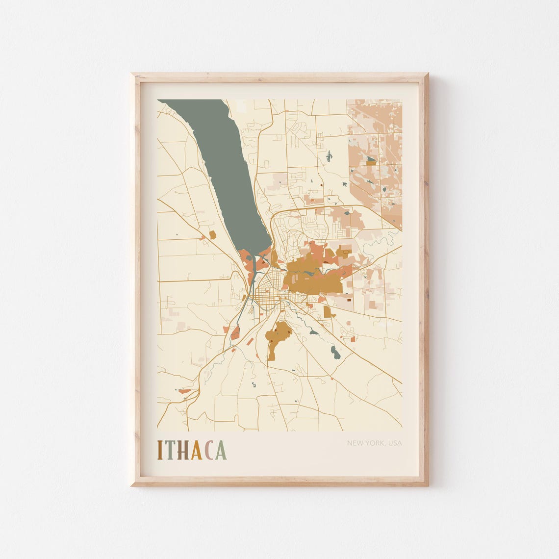 Ithaca New York Vintage Boho Style City Street Map Art Poster