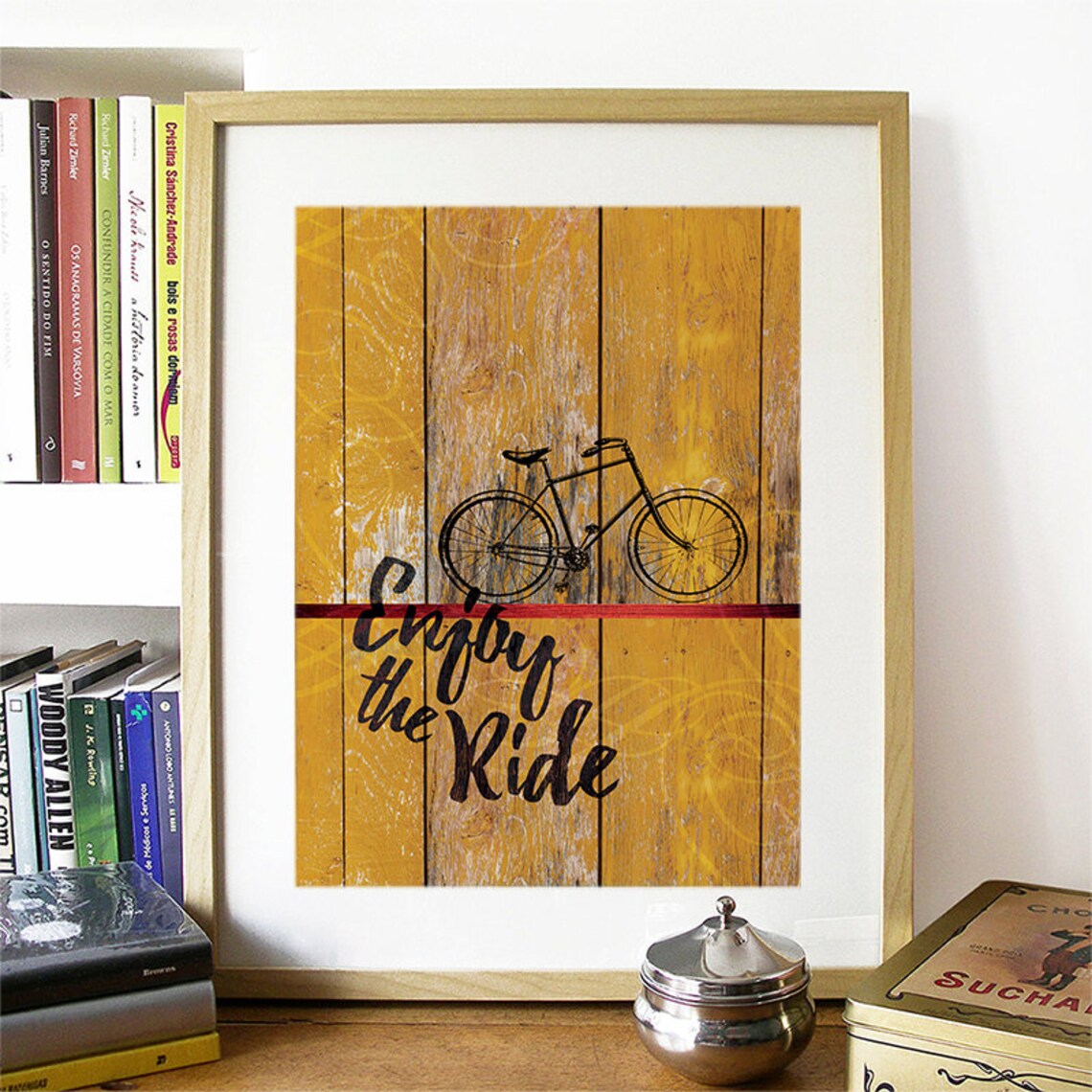 Enjoy the Ride Bicycle on Distressed Yellow Wood Plank Poster - Image 2