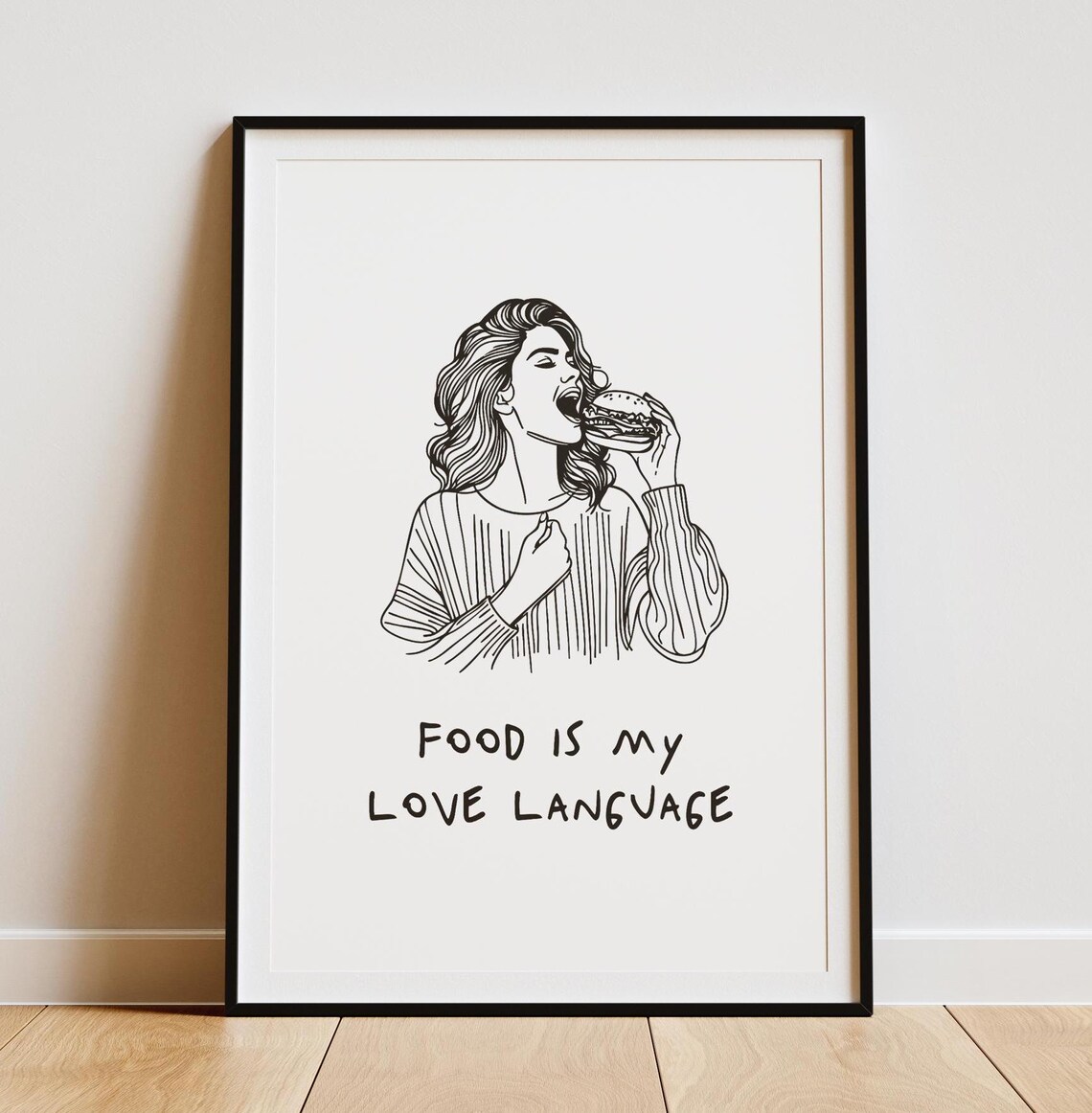 Food Is My Love Language Burger Girl Line Art Kitchen Wall Art