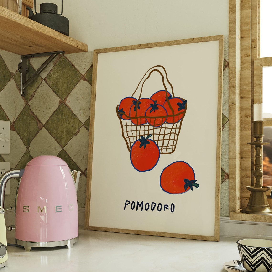 Pomodoro Tomato Basket Hand Drawn Retro Kitchen Food Art Poster