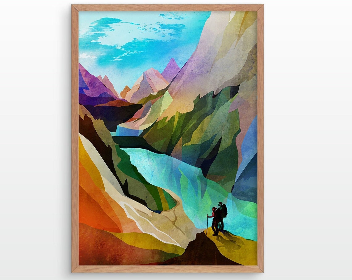 Hikers Overlooking Colorful Canyon River Valley Mountain Poster