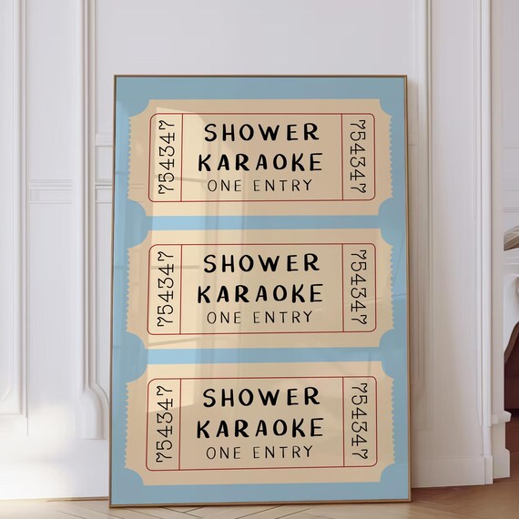 Shower Karaoke Ticket Print Bathroom Retro Light Blue Aesthetic Shower Singing Funny Wall Art Vintage Trendy