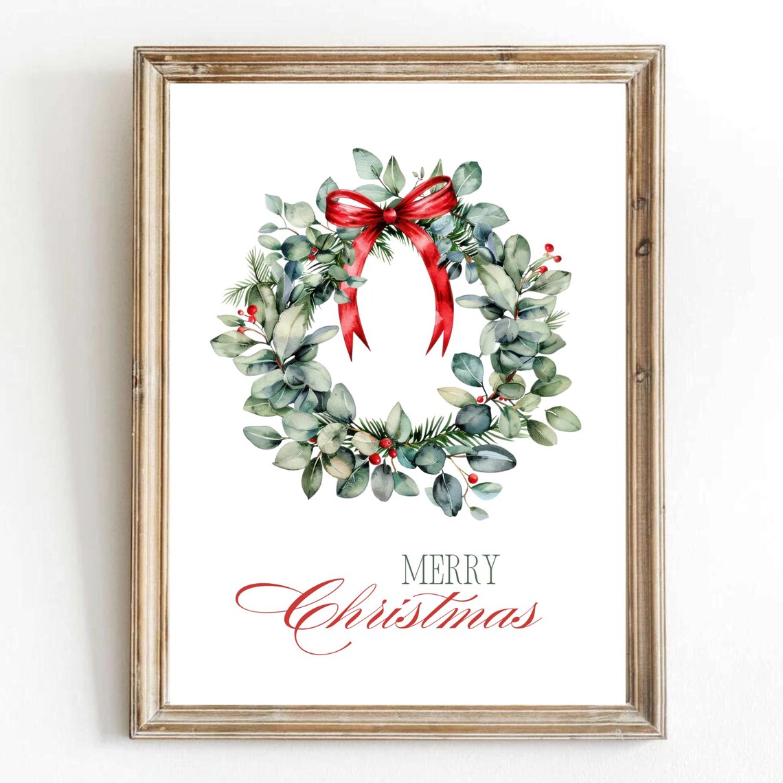 Christmas Wreath Art Print, Winter Botanical Holiday Decor
