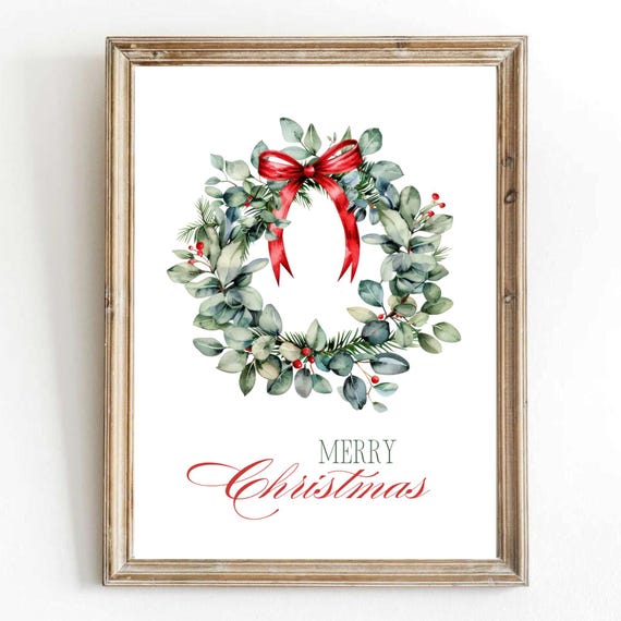 Christmas Wreath Art Print, Winter Botanical Holiday Decor