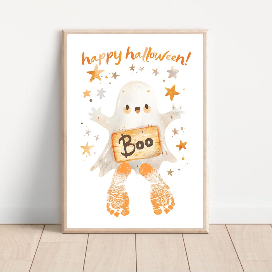 Happy Halloween Ghost Boo Sign Baby Footprint Watercolor Keepsake Art
