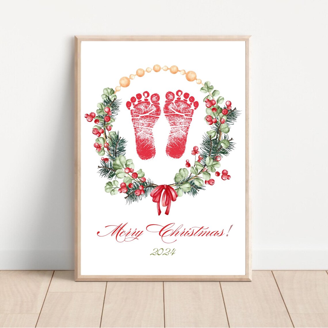 Baby Footprint First Christmas Red Berry Wreath Keepsake Poster - Image 2