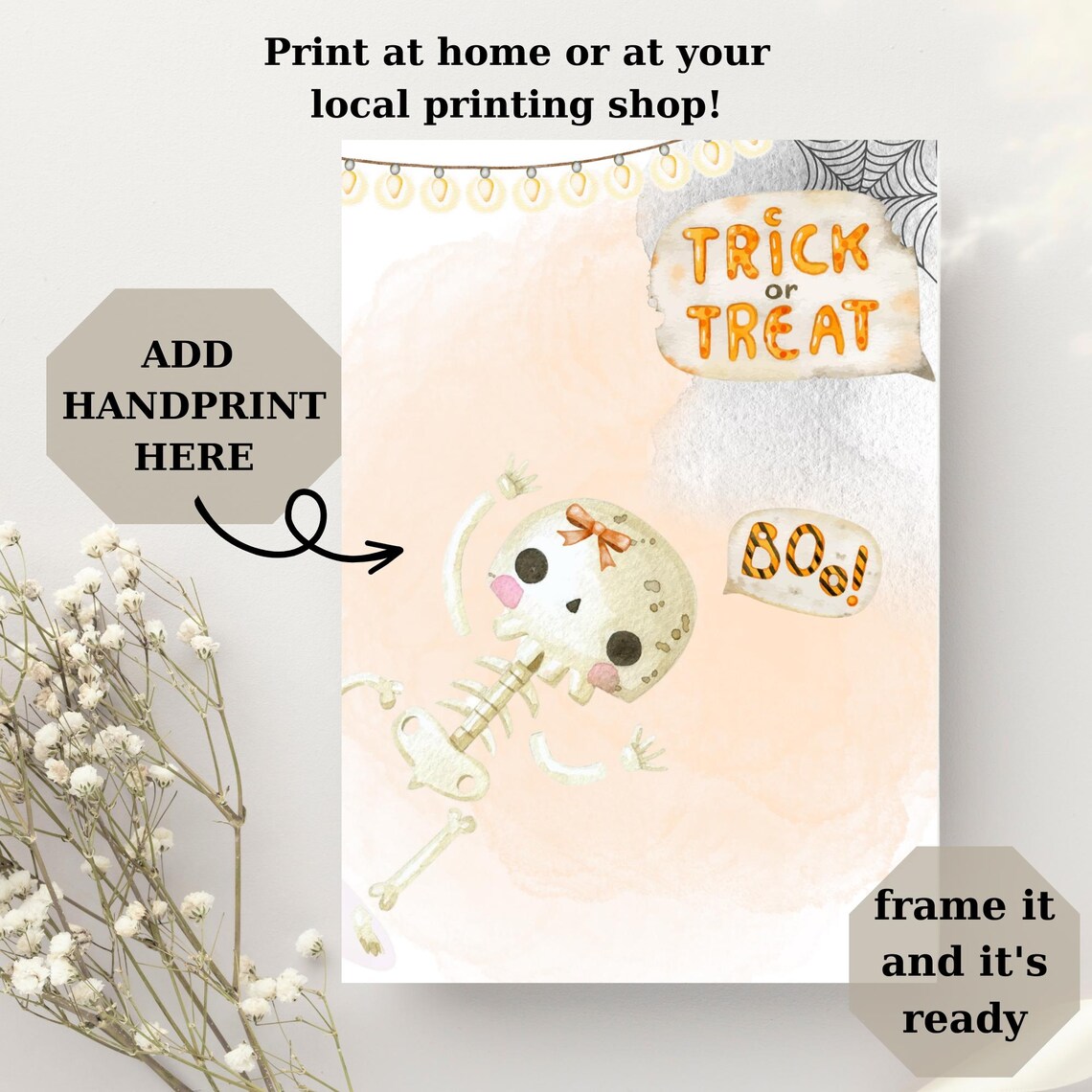 Trick or Treat Boo Baby Handprint Skeleton Bow Halloween Keepsake Art Poster - Image 3