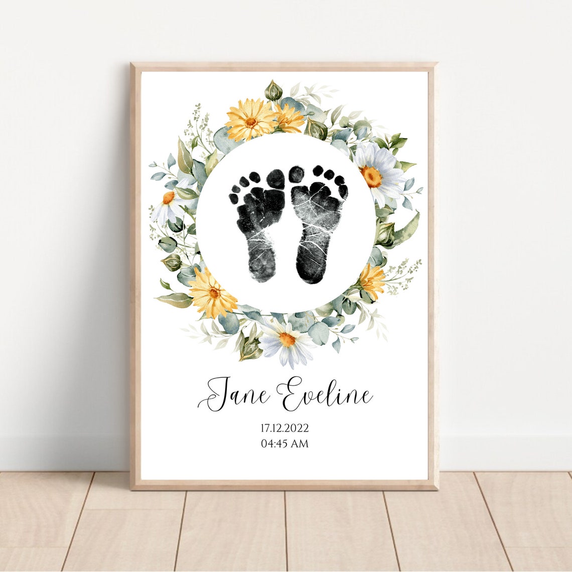 Personalized Baby Footprint Birth Print Daisy Wreath Keepsake Poster