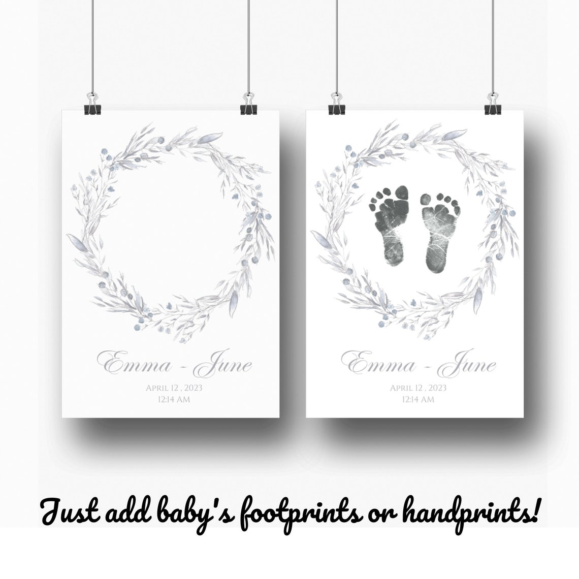 Personalized Baby Footprint Birth Print Blue Floral Wreath Poster - Image 3