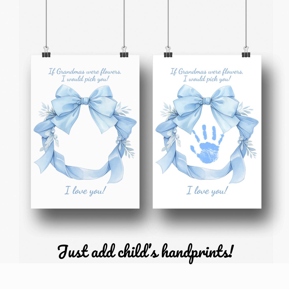 Baby Handprint Grandma Day Blue Bow Ribbon Wreath Keepsake Poster - Image 3