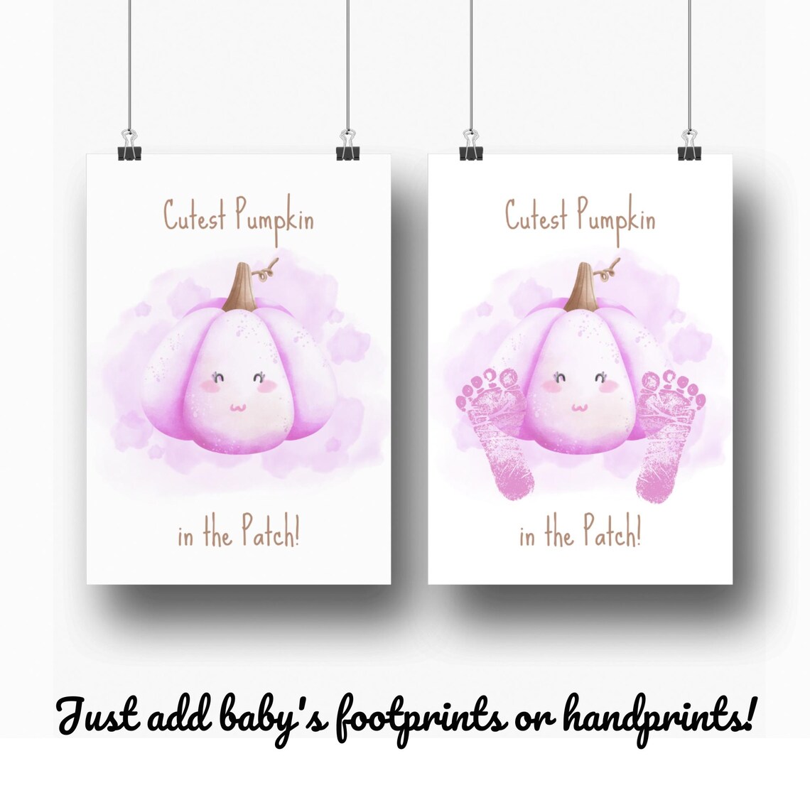 Cutest Pumpkin In The Patch Pink Footprint Baby Fall Keepsake Art Print - Image 2