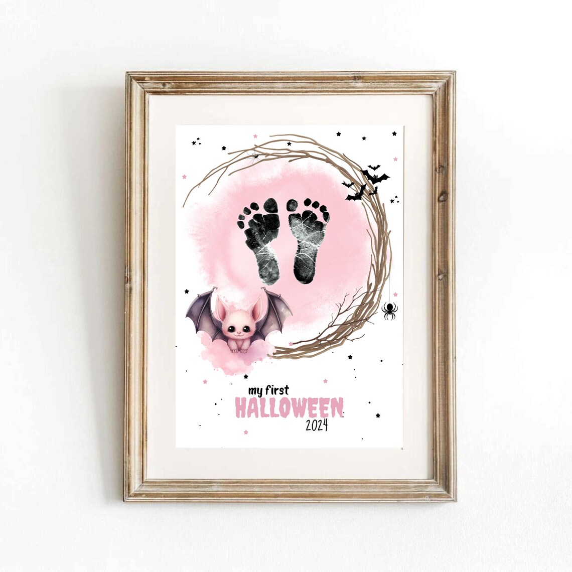 Pink My First Halloween 2024 Baby Footprint Bat Watercolor Moon Art Poster