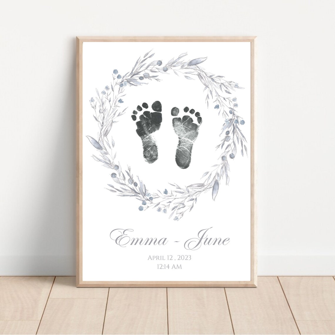 Personalized Baby Footprint Birth Print Blue Floral Wreath Poster