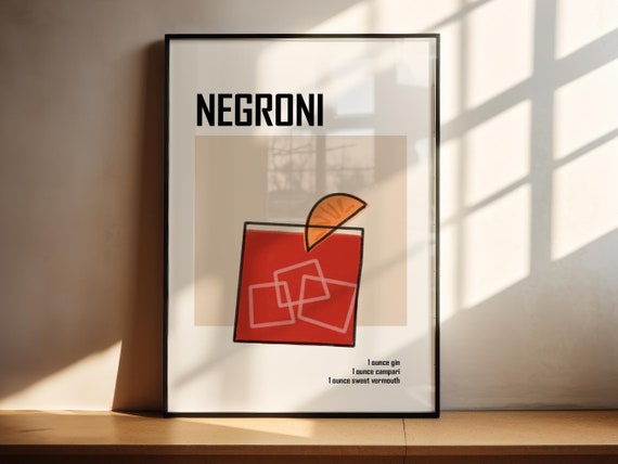 Retro Negroni Ingredients Poster, Minimalist Bar Cart Art