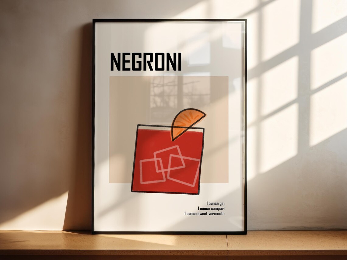Retro Negroni Ingredients Poster, Minimalist Bar Cart Art