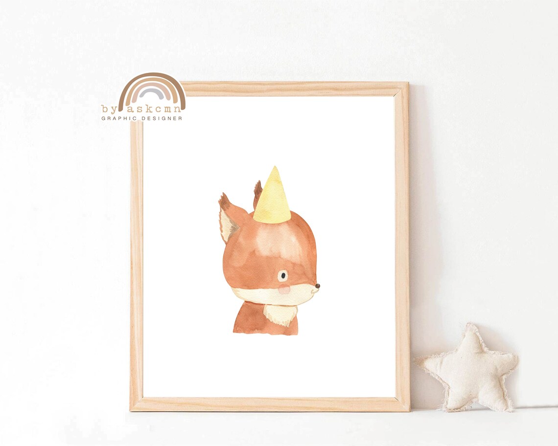 Cute Watercolor Baby Fox Poster with Yellow Party Hat Nursery Art - Image 2