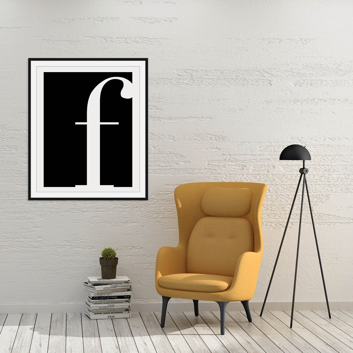 Letter F Serif Typography Black Square Modern Minimalist Wall Art