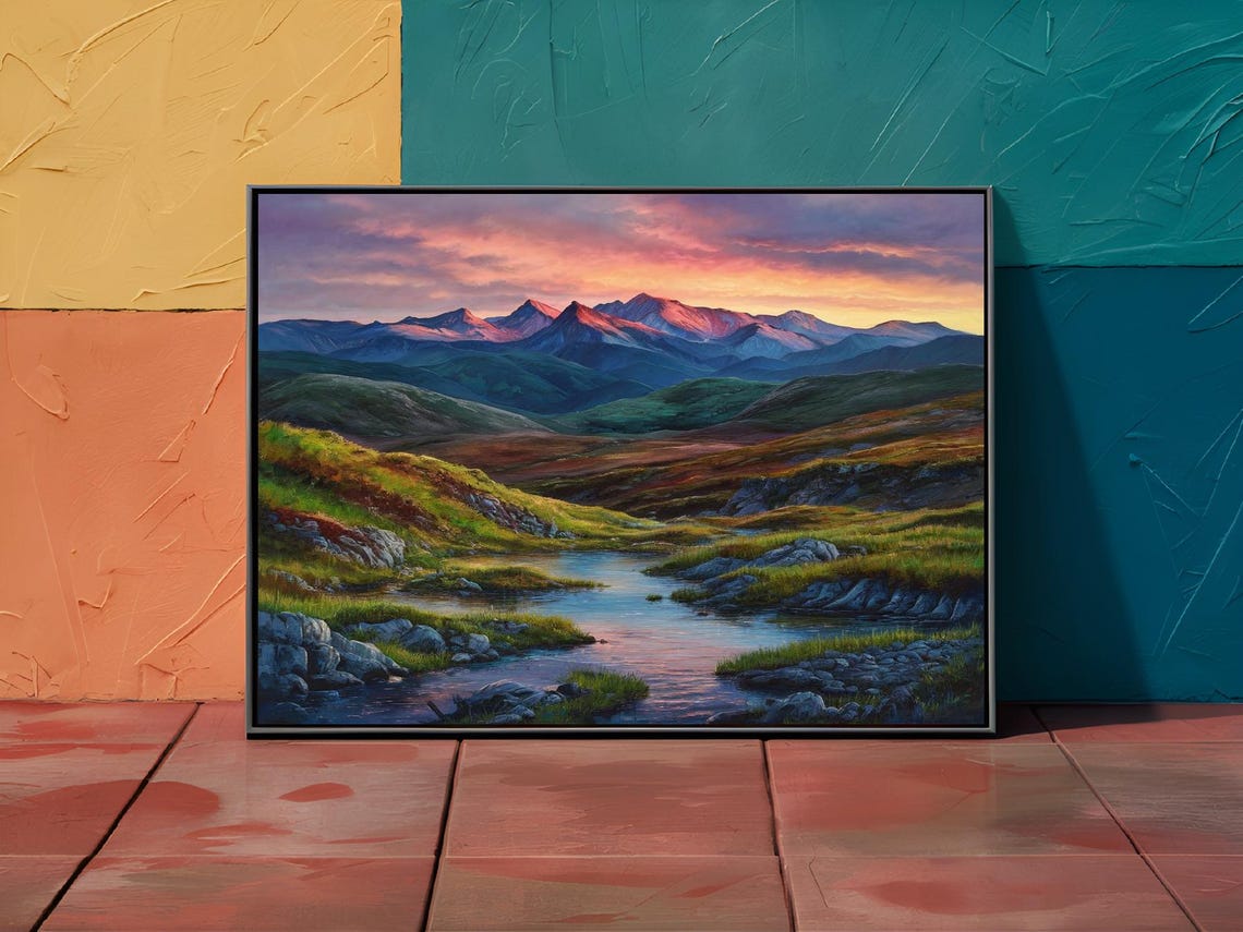 Sunset Mountain Valley With Winding Stream and Pink Sky Poster - Image 3