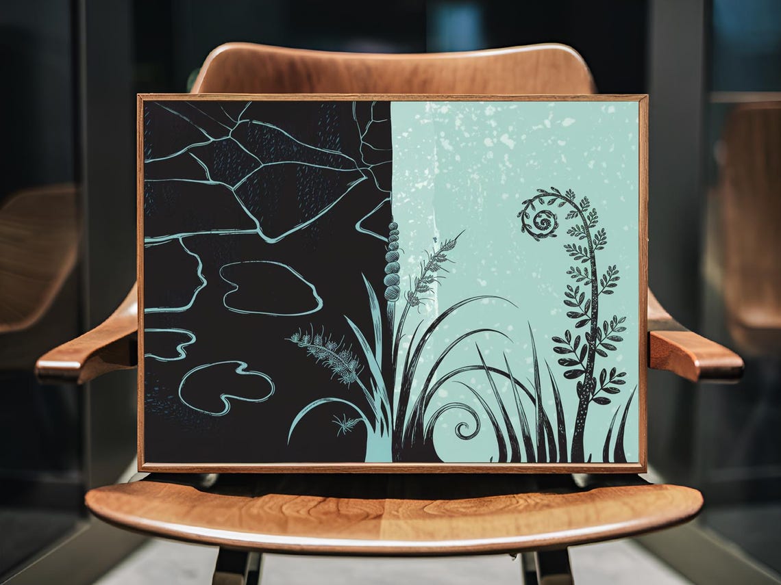 Cracked Ice Fern Fronds Split Black Teal Botanical Nature Poster