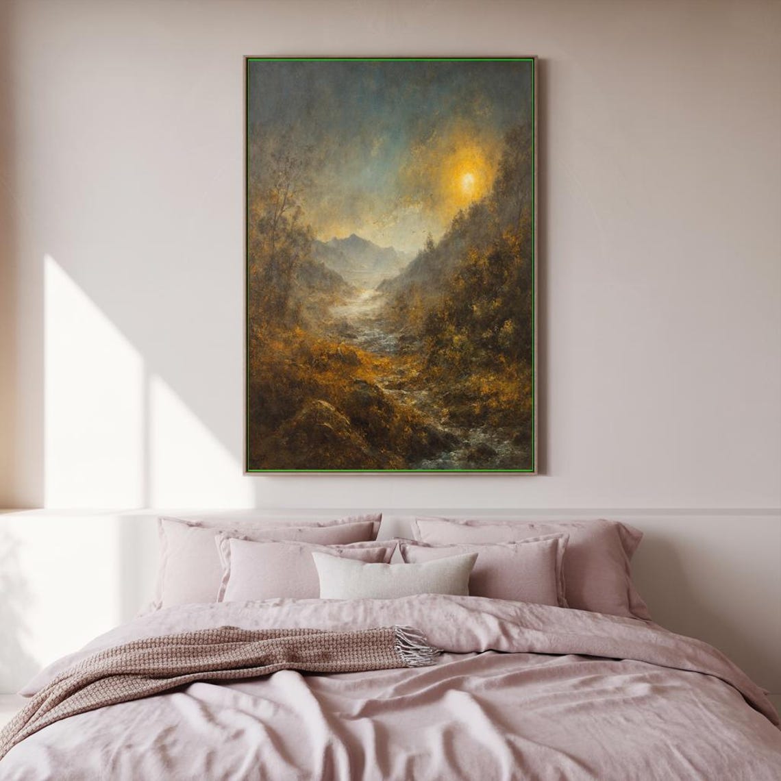 Golden River Valley Impressionist Sunset Mountains Vintage Poster
