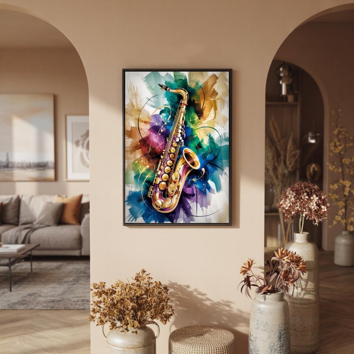 Colorful Abstract Saxophone With Bold Green Blue Brushstrokes Poster - Image 3