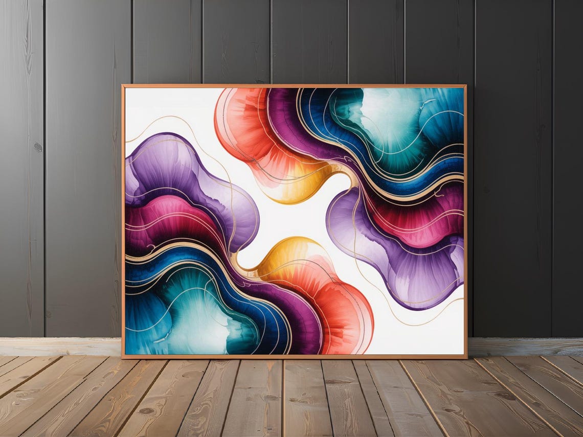 Sapphire Crimson Weave Flowing Alcohol Ink Waves Abstract Poster - Image 3