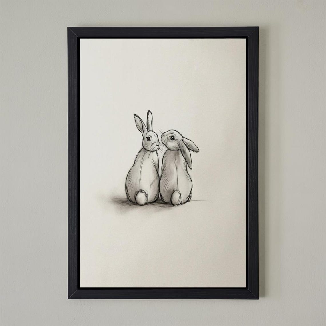 Two Cuddling Bunnies Pencil Sketch Cute Rabbit Nursery Poster - Image 2