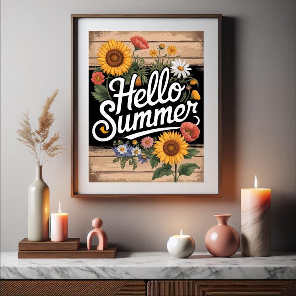 Hello Summer Chalkboard Floral Sunflower Garland Farmhouse Art Poster - Image 2