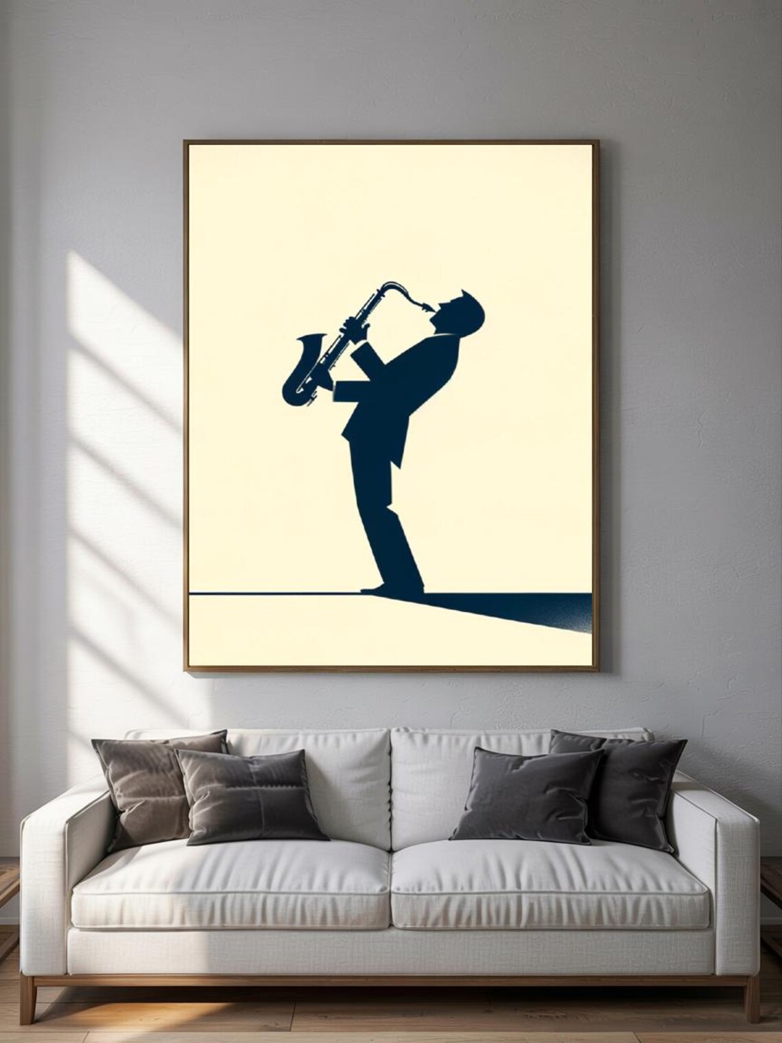 Jazz Saxophonist Silhouette Minimalist Navy Cream Music Room Print - Image 3
