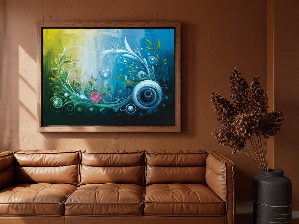 Swirling Ocean Waves With Pink Flower Abstract Nature Wall Art - Image 2