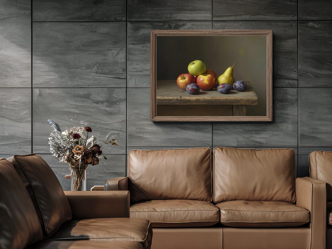 Classic Fruit Still Life Apples Pears Plums Wooden Table Poster - Image 2