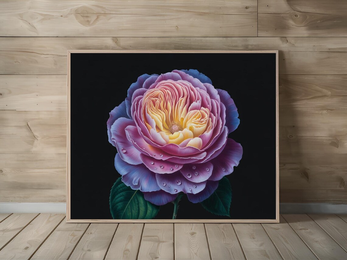 Juliet Rose With Yellow Center And Dew Drops Purple Floral Poster - Image 3