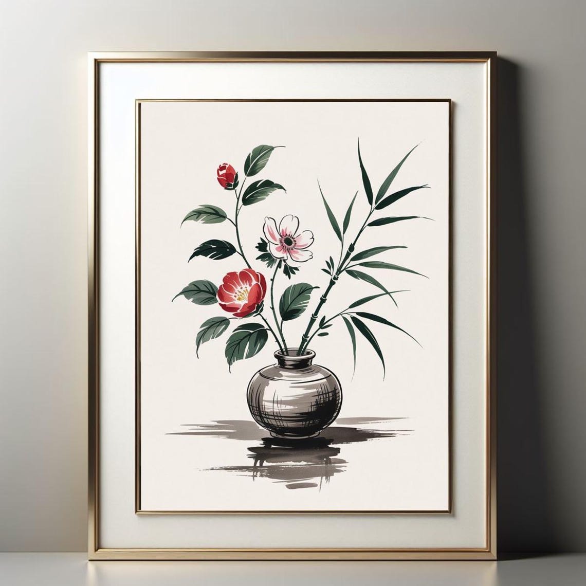 Japanese Style Flower Vase Ink Camellia Bamboo Botanical Poster