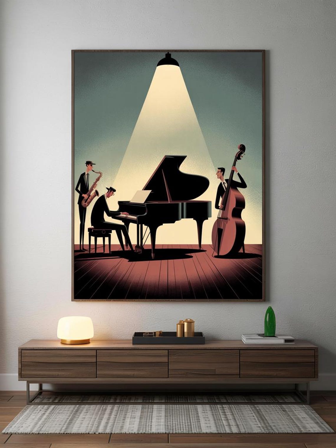 Retro Jazz Trio With Piano Saxophone and Bass on Stage Poster - Image 3