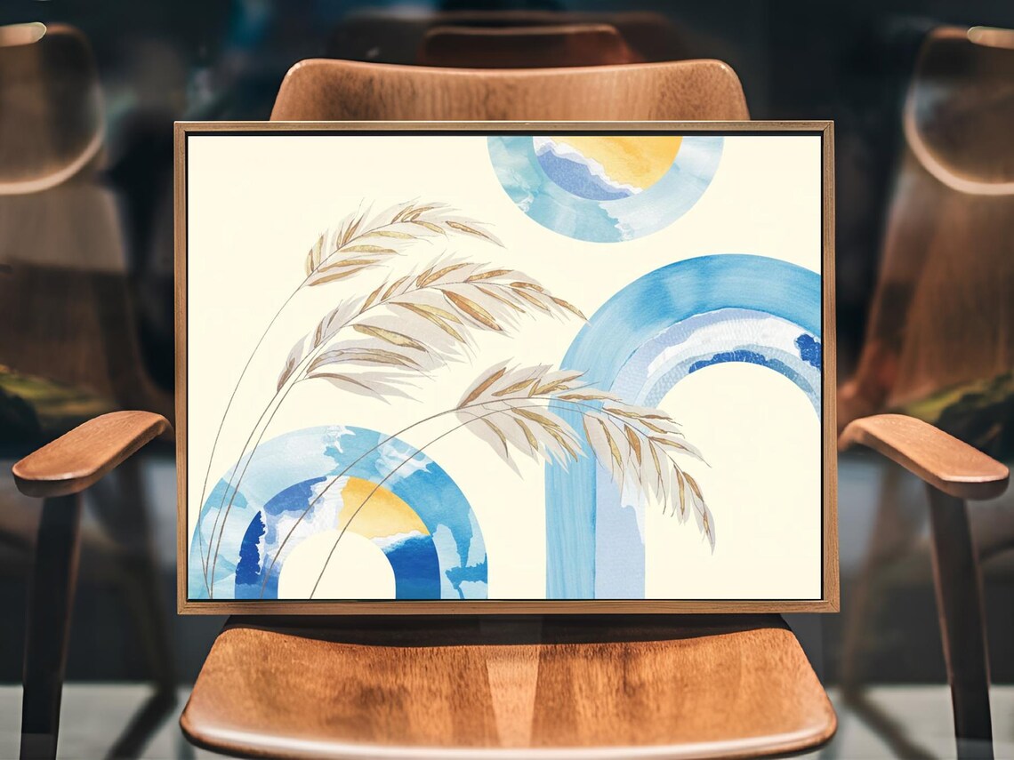 Blue Gold Rainbow Arches Wheat Stalks Watercolor Minimal Poster - Image 3
