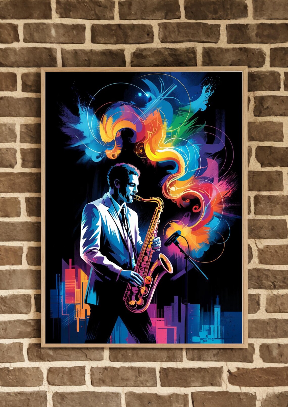 Neon Jazz Saxophonist Performing With Colorful City Skyline Poster - Image 2