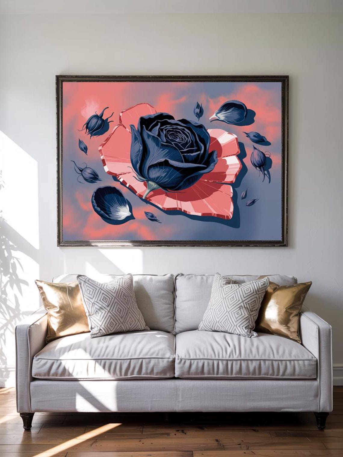 Deep Indigo Blue Rose On Coral Abstract Floral Graphic Wall Art