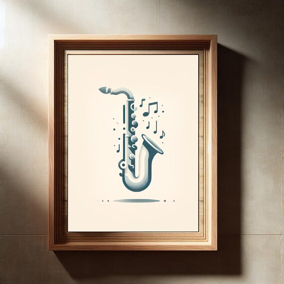 Retro Saxophone Blue Musical Notes Vintage Style Jazz Music Decor Print