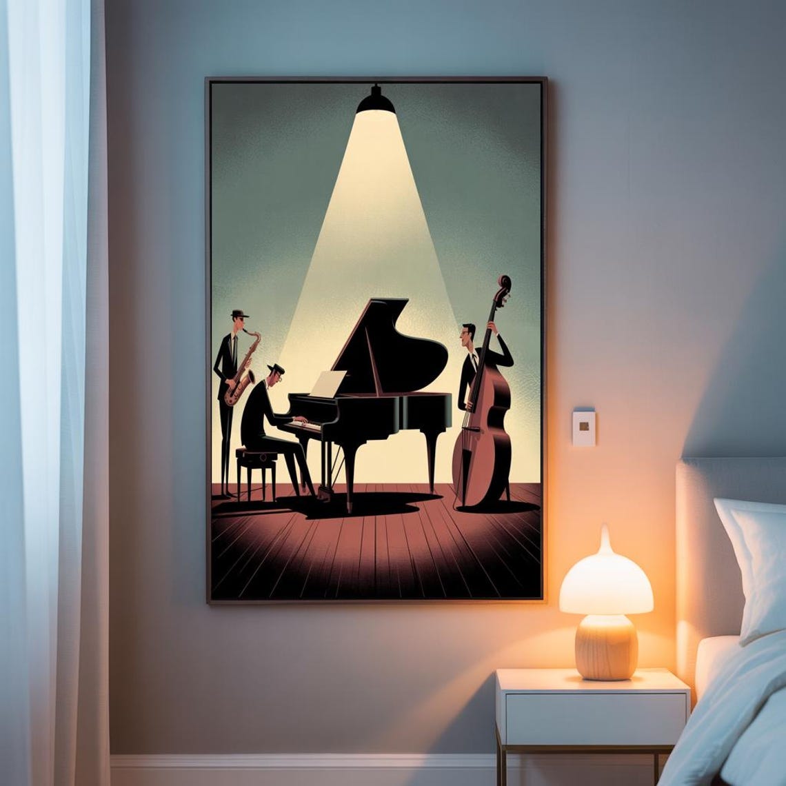 Retro Jazz Trio With Piano Saxophone and Bass on Stage Poster - Image 2
