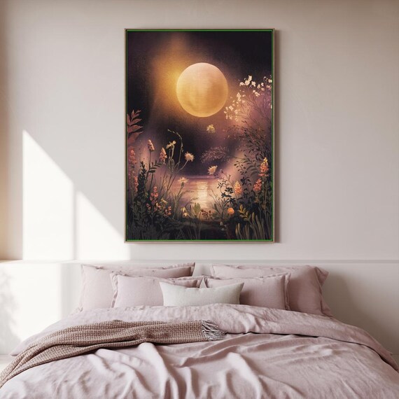 Golden Full Moon Over Night Wildflowers and Still Water Poster