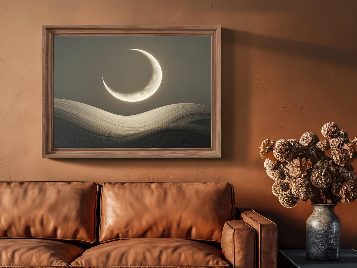 Crescent Moon Over Dark Flowing Waves Minimalist Lunar Night Sky Poster - Image 3